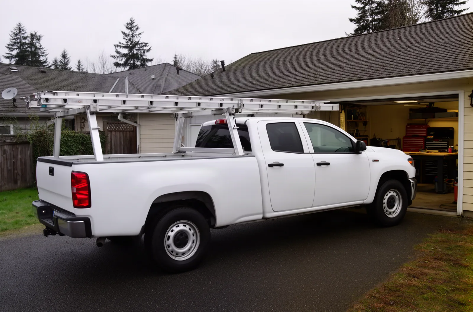 A plain white work truck in a suburban driveway beside an open garage